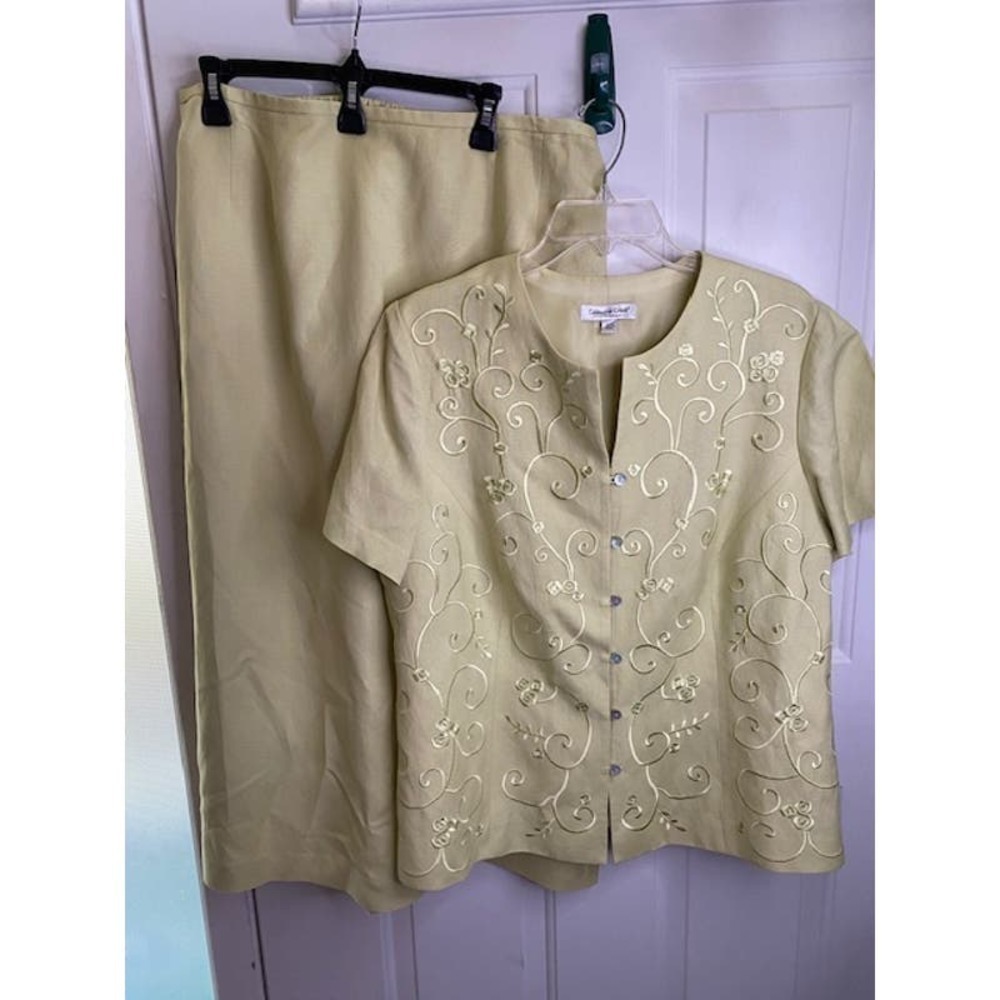 Coldwater Creek Mint Green 2-piece Blazer Skirt Embroidery Sz W18 Linen Blend‎